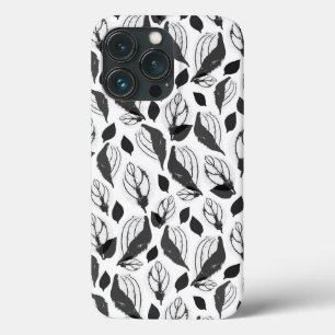Zwart-Wit Basilicum Blad Kruidenplant Patroon iPhone 13 Pro Hoesje