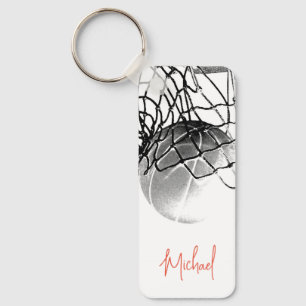 Zwart & Wit Basketbal Bal & Net Je Naam Sleutelhanger