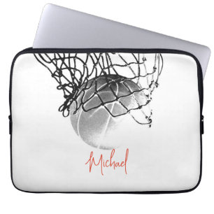 Zwart-wit basketbal en net Jouw naam Laptop Sleeve