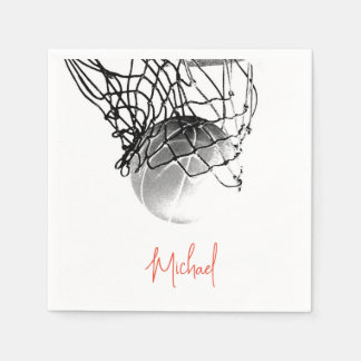 Zwart-wit basketbal en net Jouw naam Servet