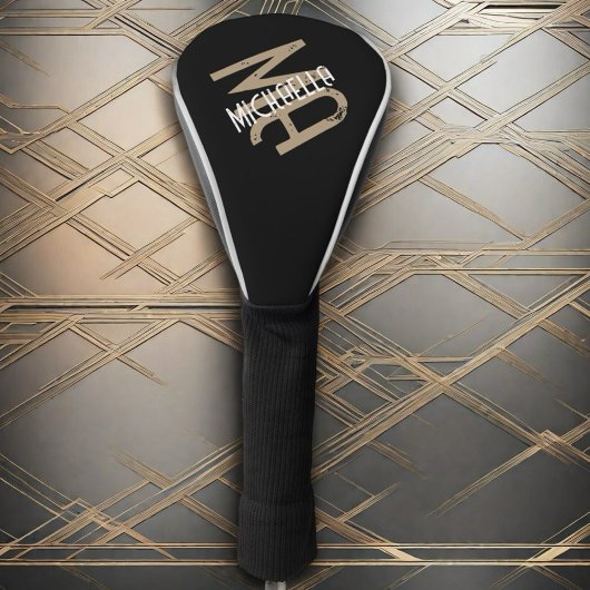 Zwart wit beige monogram gepersonaliseerde naam golfheadcover
