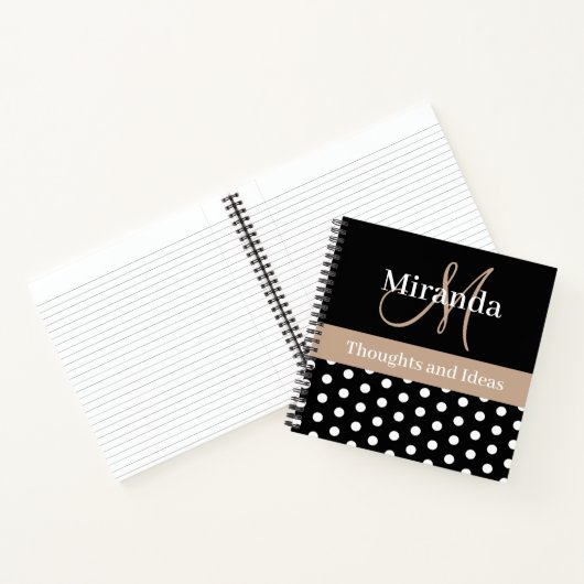Zwart Wit Beige Monogram Script Polka Dots Notitieboek (Binnen)