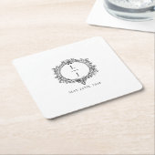 zwart-wit blad crest bruiloft vierkante kartonnen onderzetter (Schuin)