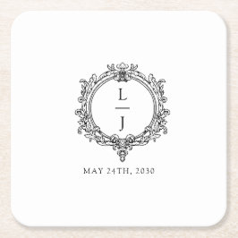 zwart-wit blad crest bruiloft vierkante kartonnen onderzetter