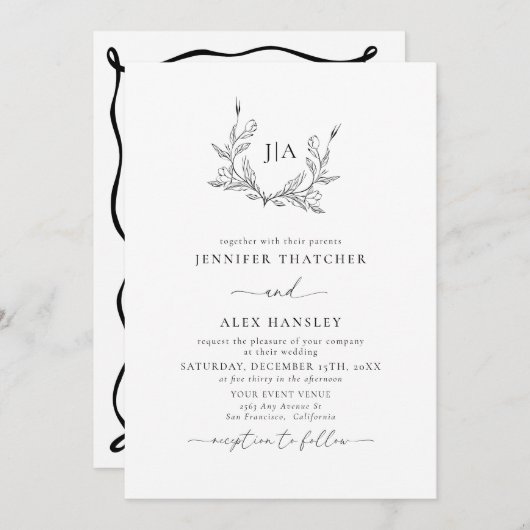 zwart wit blad | Monogram Fotobruiloft Kaart (Voorkant / Achterkant)