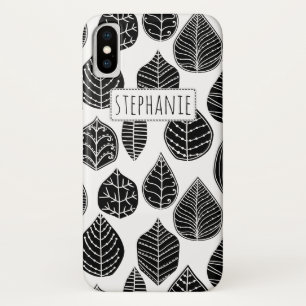 Zwart-wit blad patroon en naam iPhone x hoesje