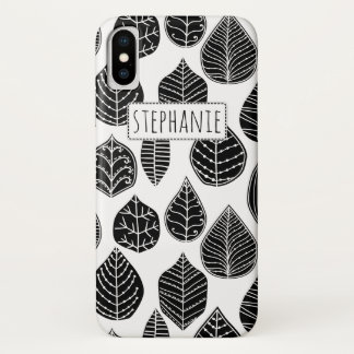 Zwart-wit blad patroon en naam iPhone x hoesje