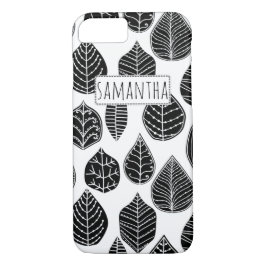 Zwart-wit blad patroon en naam 	iPhone 8/7 hoesje