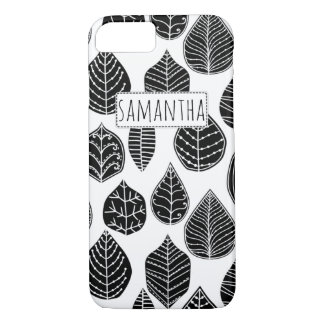 Zwart-wit blad patroon en naam 	iPhone 8/7 hoesje