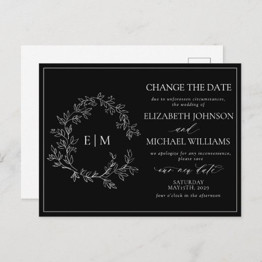 Zwart-wit bladerbloemmonogram Datum wijzigen Uitnodiging Briefkaart (Voorkant / Achterkant)