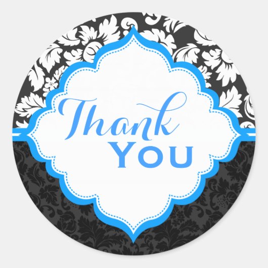 Zwart Wit & Blauw Bloemen Damasks 2 Ronde Sticker (Voorkant)