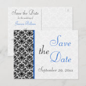 Zwart, Wit, Blauw Damask Save the Date Briefkaart (Voorkant / Achterkant)