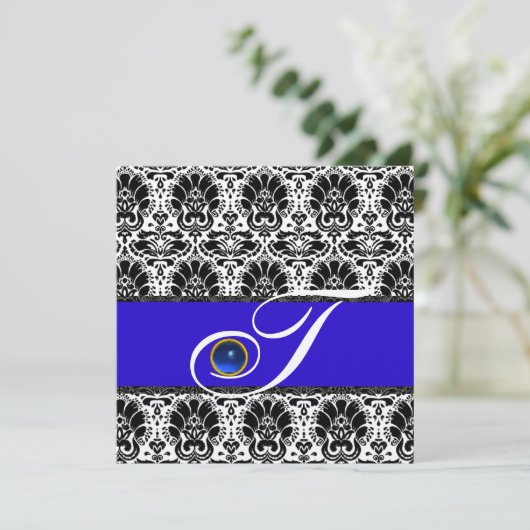 ZWART WIT BLAUW DAMAST MONOGRAM saffier Metaal Kaart (Staand voorkant)
