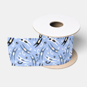 Zwart Wit Blauw Leuke Cartoon Kattenpatroon Lint
