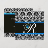 ZWART WIT BLAUWE DAMAST MONOGRAM saffier Goud Kaart (Voorkant / Achterkant)