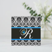 ZWART WIT BLAUWE DAMAST MONOGRAM saffier Goud Kaart (Staand voorkant)