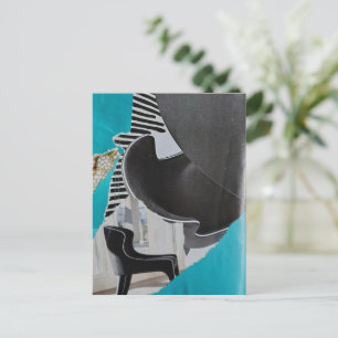 Zwart Wit Blauwe Piano en Stoel collage Ansichtkaa Briefkaart