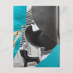 Zwart Wit Blauwe Piano en Stoel collage Ansichtkaa Briefkaart