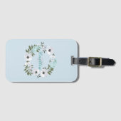 Zwart, wit & Blauwgroen bloemontwerp Monogram Bagagelabel (Voorkant (horizontaal))