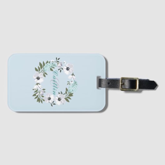 Zwart, wit & Blauwgroen bloemontwerp Monogram Bagagelabel (Voorkant (horizontaal))