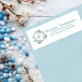 Zwart, wit & Blauwgroen bloemontwerp Monogram Etiket