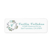 Zwart, wit & Blauwgroen bloemontwerp Monogram Etiket (Voorkant)