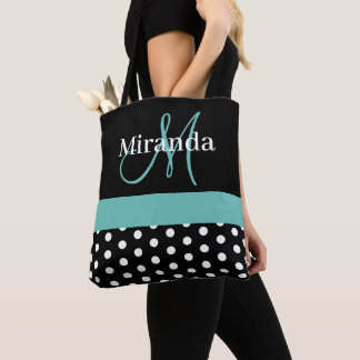 Zwart Wit Blauwgroen Groen Monogram Script Polka D Draagtas