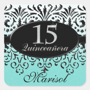 Zwart wit, blik zilver, 15e Quinceanera Vierkante Sticker
