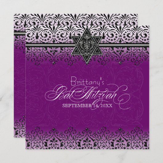 Zwart-wit, blik zilver, vet Mitzvah Invite Kaart (Voorkant / Achterkant)