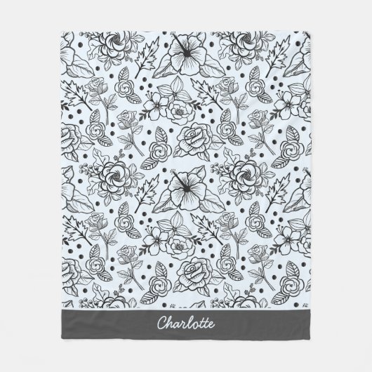 Zwart-wit bloem naadloos patroon met naam fleece deken (Voorkant)