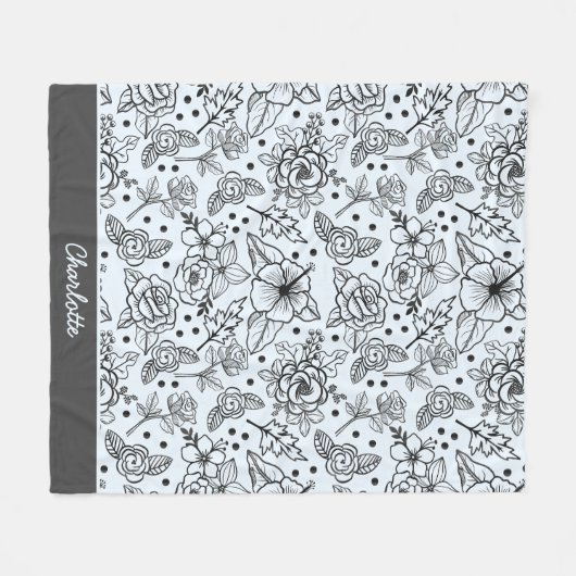 Zwart-wit bloem naadloos patroon met naam fleece deken (Voorkant (Horizontaal))