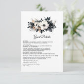 Zwart-wit Bloemen bruiloft Gast Details Informatiekaartje (Staand voorkant)