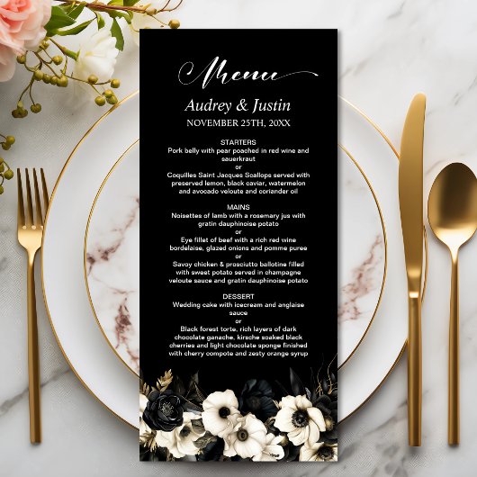 Zwart-wit Bloemen Bruiloft Menu