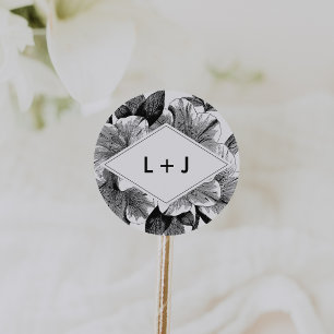 Zwart-wit Bloemen Bruiloft Monogram Ronde Sticker