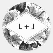 Zwart-wit Bloemen Bruiloft Monogram Ronde Sticker (Voorkant)