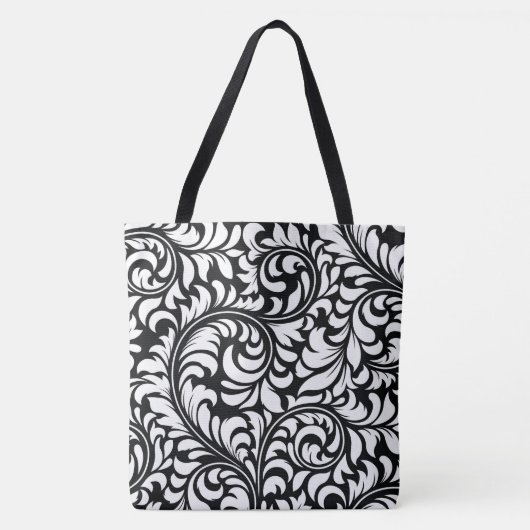 Zwart-wit Bloemen Damask Print Tas (Voorkant)