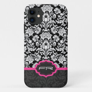 Zwart & Wit Bloemen Damasks 2 Monogramed iPhone 11 Hoesje