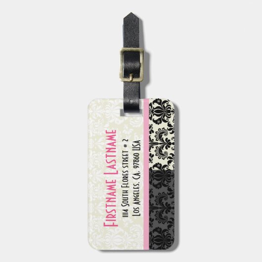 Zwart & Wit Bloemen Damasks Gepersonaliseerd Bagagelabel (Voorkant verticaal)