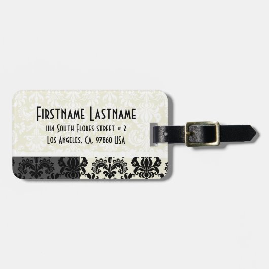 Zwart & Wit Bloemen Damasks Gepersonaliseerd Bagagelabel (Voorkant horizontaal)