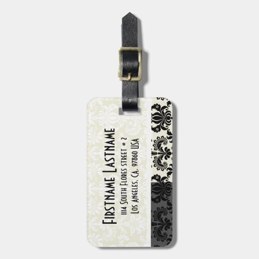 Zwart & Wit Bloemen Damasks Gepersonaliseerd Bagagelabel (Voorkant verticaal)