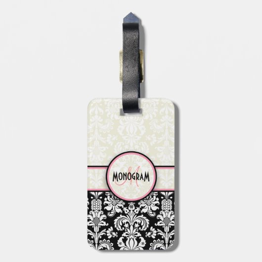 Zwart & Wit Bloemen Damasks Gepersonaliseerd Bagagelabel (Achterkant verticaal)