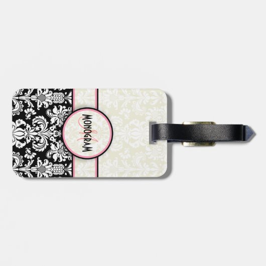 Zwart & Wit Bloemen Damasks Gepersonaliseerd Bagagelabel (Achterkant horizontaal)