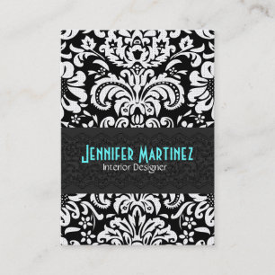 Zwart & Wit  Bloemen Damast Patroon 4 Visitekaartje
