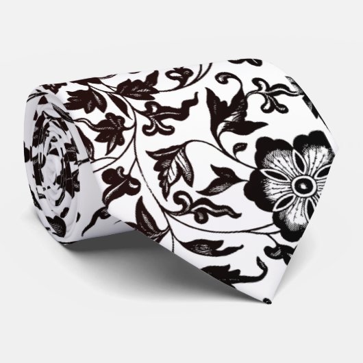Zwart-wit Bloemen en Bladeren Botanisch Stropdas (Opgerold)