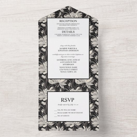 Zwart-wit Bloemen en Veren Bruiloft All In One Uitnodiging (Binnen)