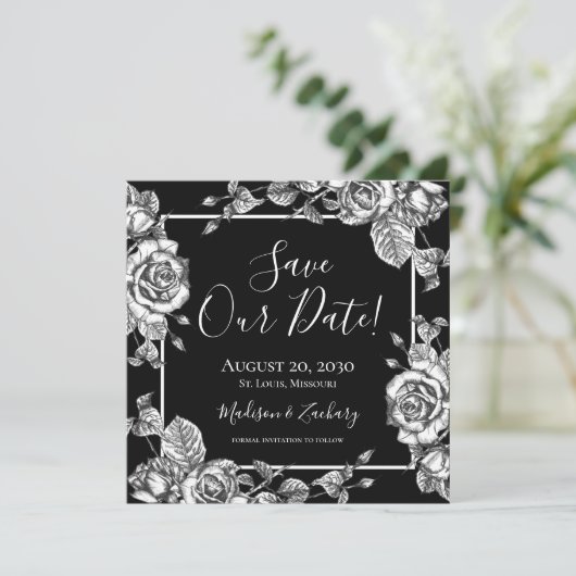 Zwart Wit Bloemen Foto Save Our Date Kaart (Staand voorkant)