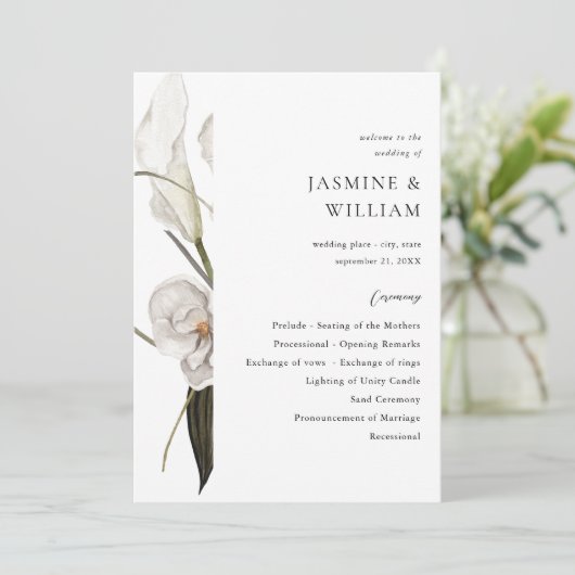 Zwart & Wit Bloemen Huwelijksceremonie Programma 2 (Staand voorkant)