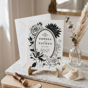 Zwart-wit bloemen-huwelijksuitnodiging kaart