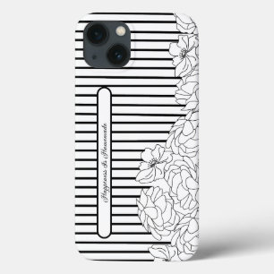 Zwart & Wit Bloemen met Strepen iPhone 13 Hoesje