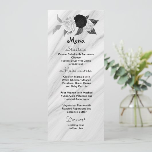 Zwart & wit bloemen mooi bruiloft menu (Staand voorkant)